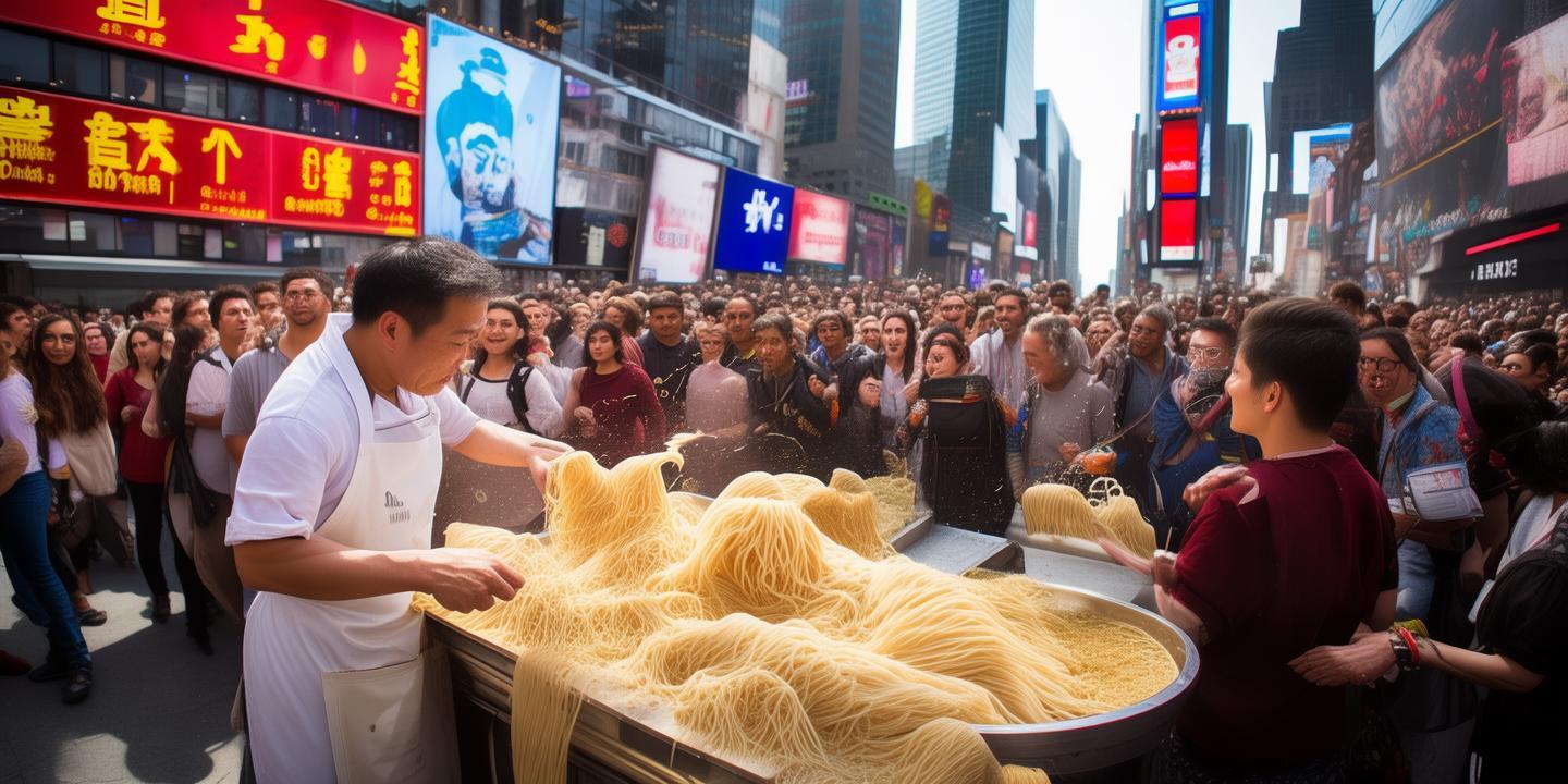 汉中面皮空降纽约时代广场,老外挑战10秒嗦粉引围观,中华美食魅力席卷国际都市